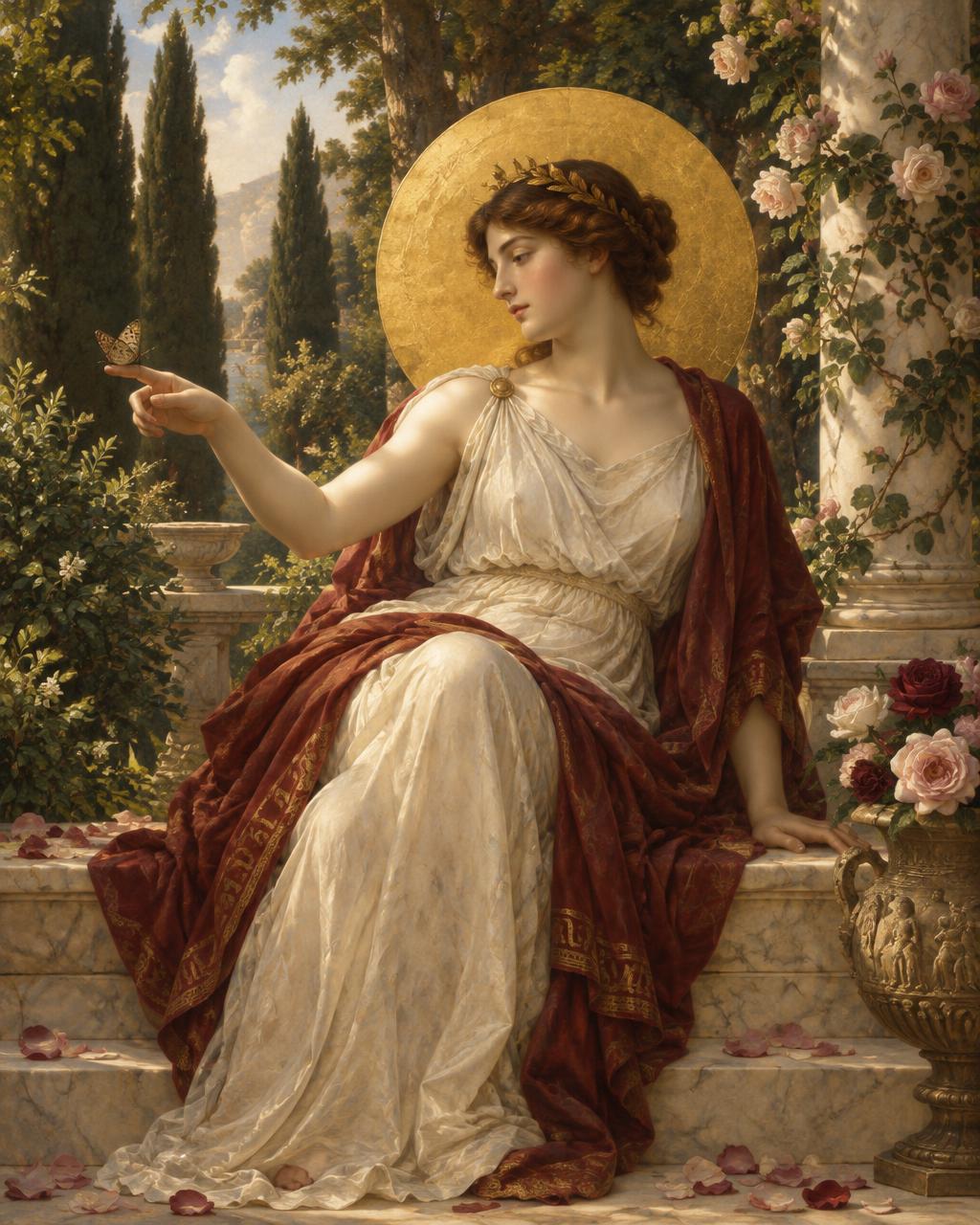Hedone, the Greek goddess of pleasure, seated on marble steps in a lush classical garden, a butterfly resting on her outstretched fingertip, roses and a golden moon disc behind her